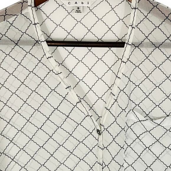 Cabi Blouse Small Button Front Crepe Black White Grid Print 3/4 Sleeve Pocket - Picture 5 of 9